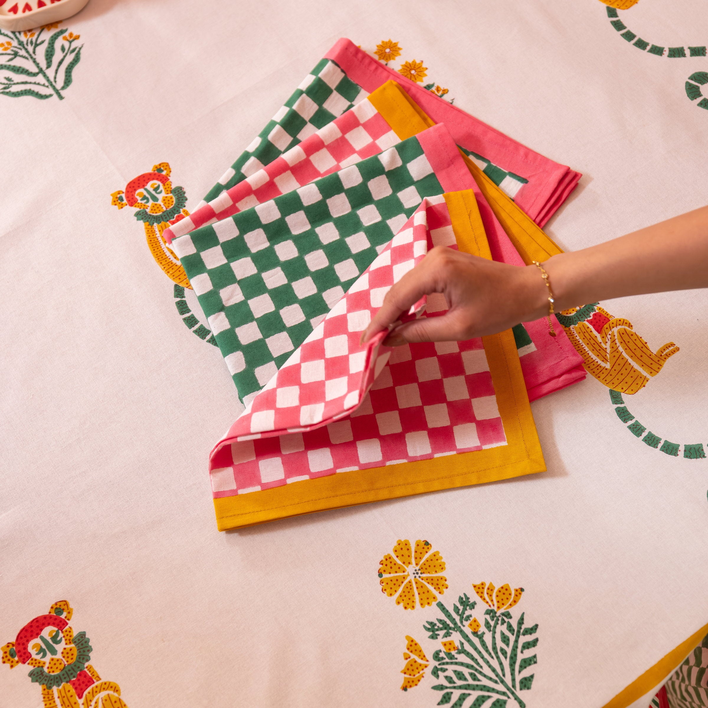 couleur-nature-gingham-serviettes-coton-rose-moutarde-lot-4 image 4