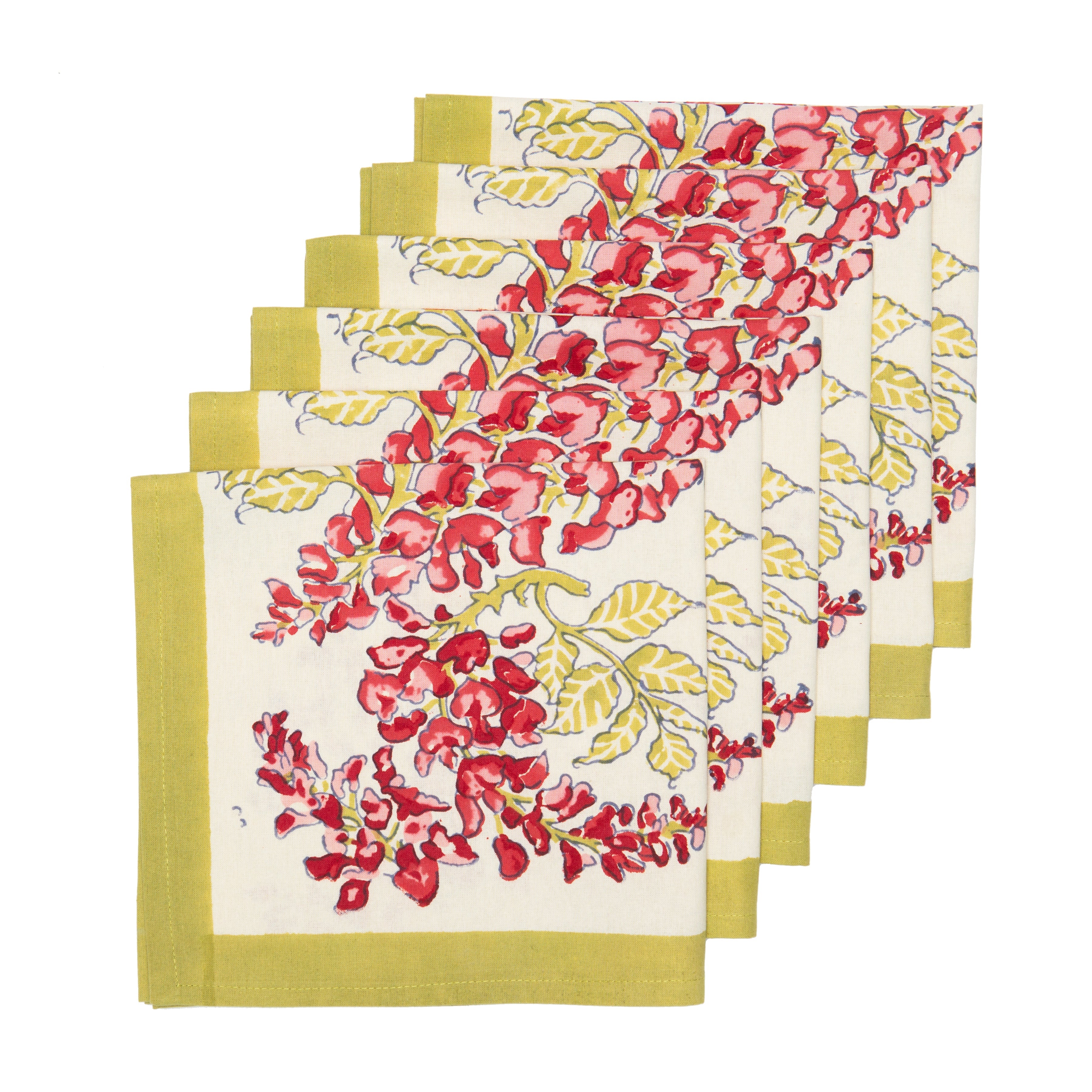 couleur-nature-wisteria-serviettes-tissu-vert-rose-lot-6-fleurs image 2