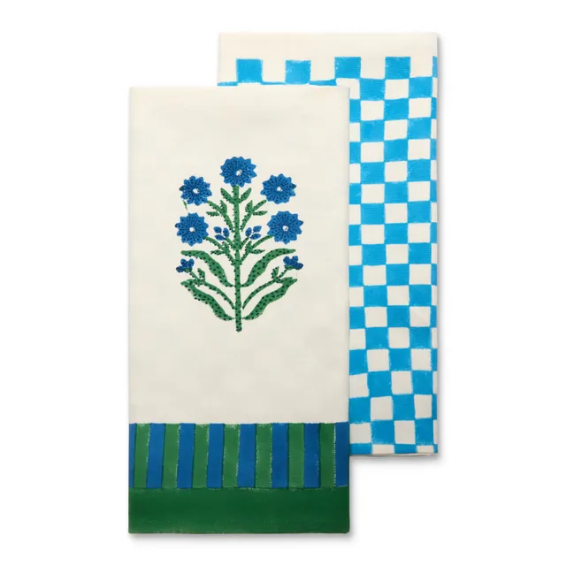 couleur-nature-jeu-de-singes-torchons-coton-bleu-vert-lot-2 image 1