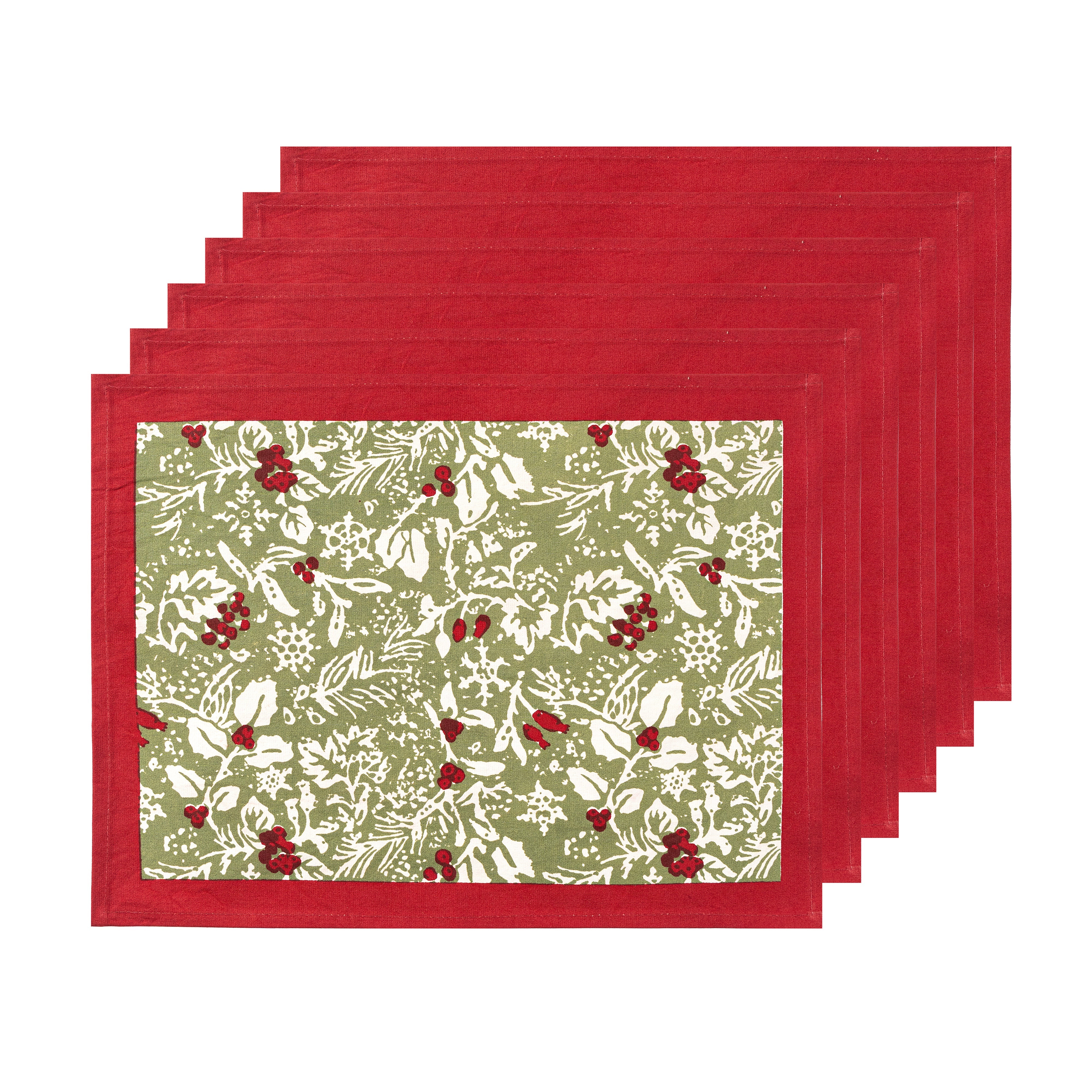 couleur-nature-baies-de-houx-sets-de-table-rouge-vert-lot-6-coton image 1