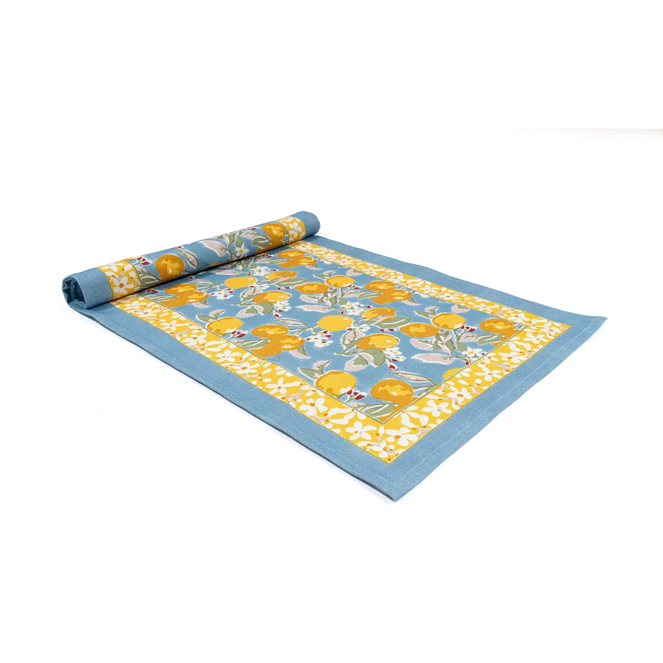 couleur-nature-citron-chemin-de-table-coton-bleu-jaune-16x72 image 1