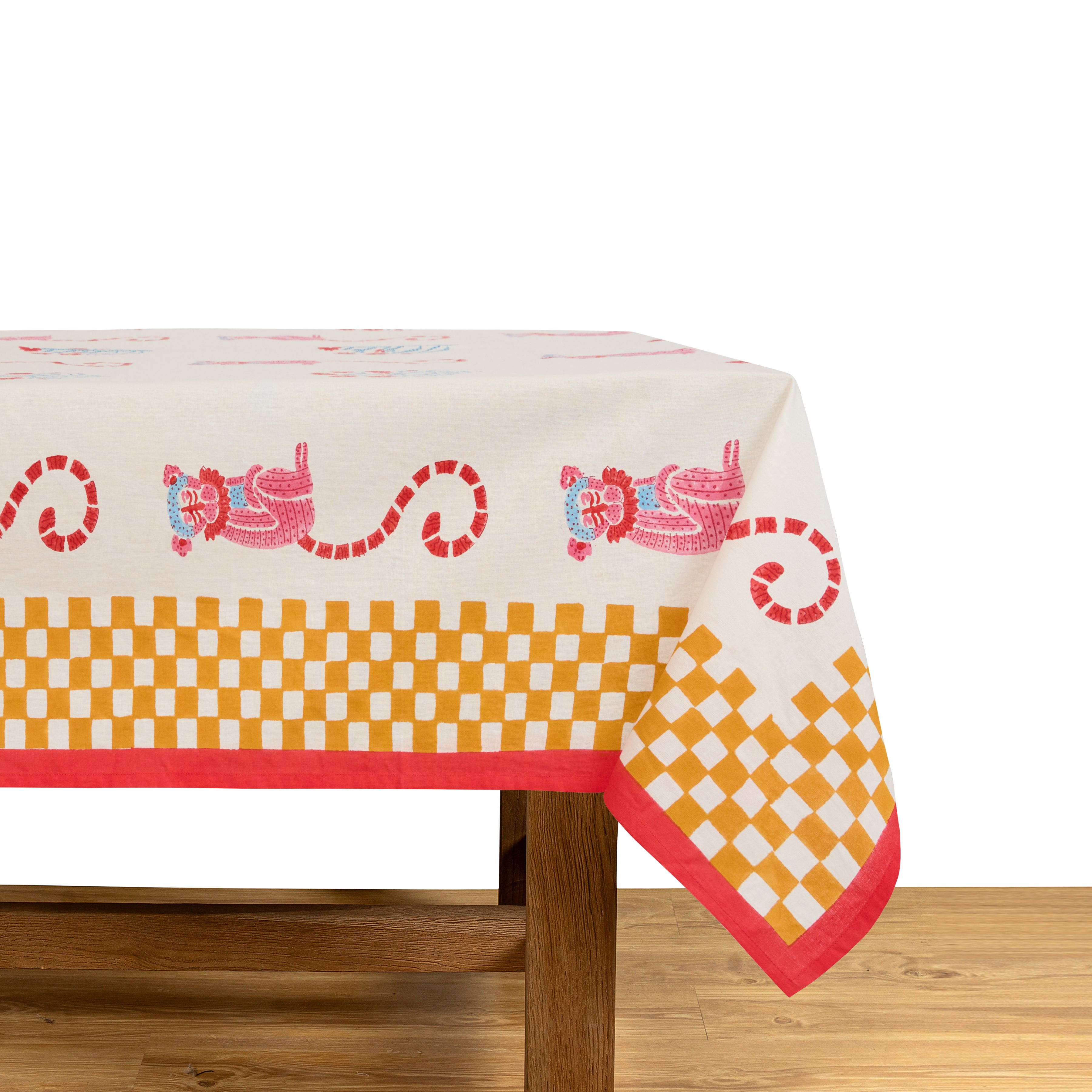 couleur-nature-jeu-de-singes-nappe-moutarde-rose-coton image 1