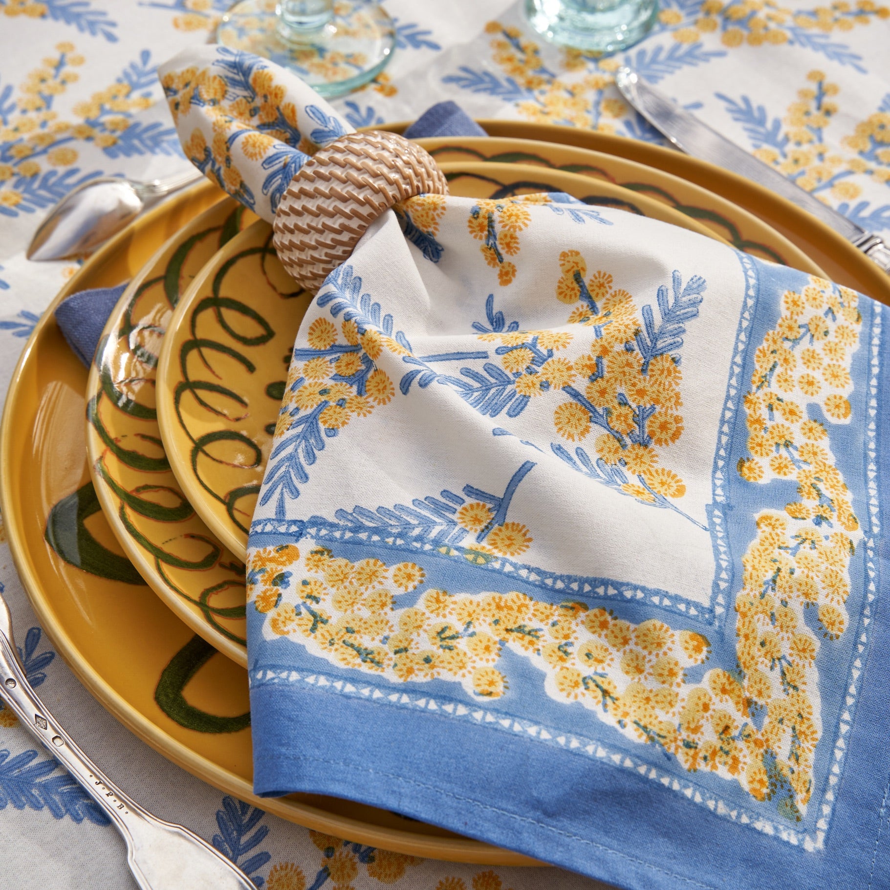 couleur-nature-mimosa-serviettes-tissu-bleu-jaune-lot-6 image 2