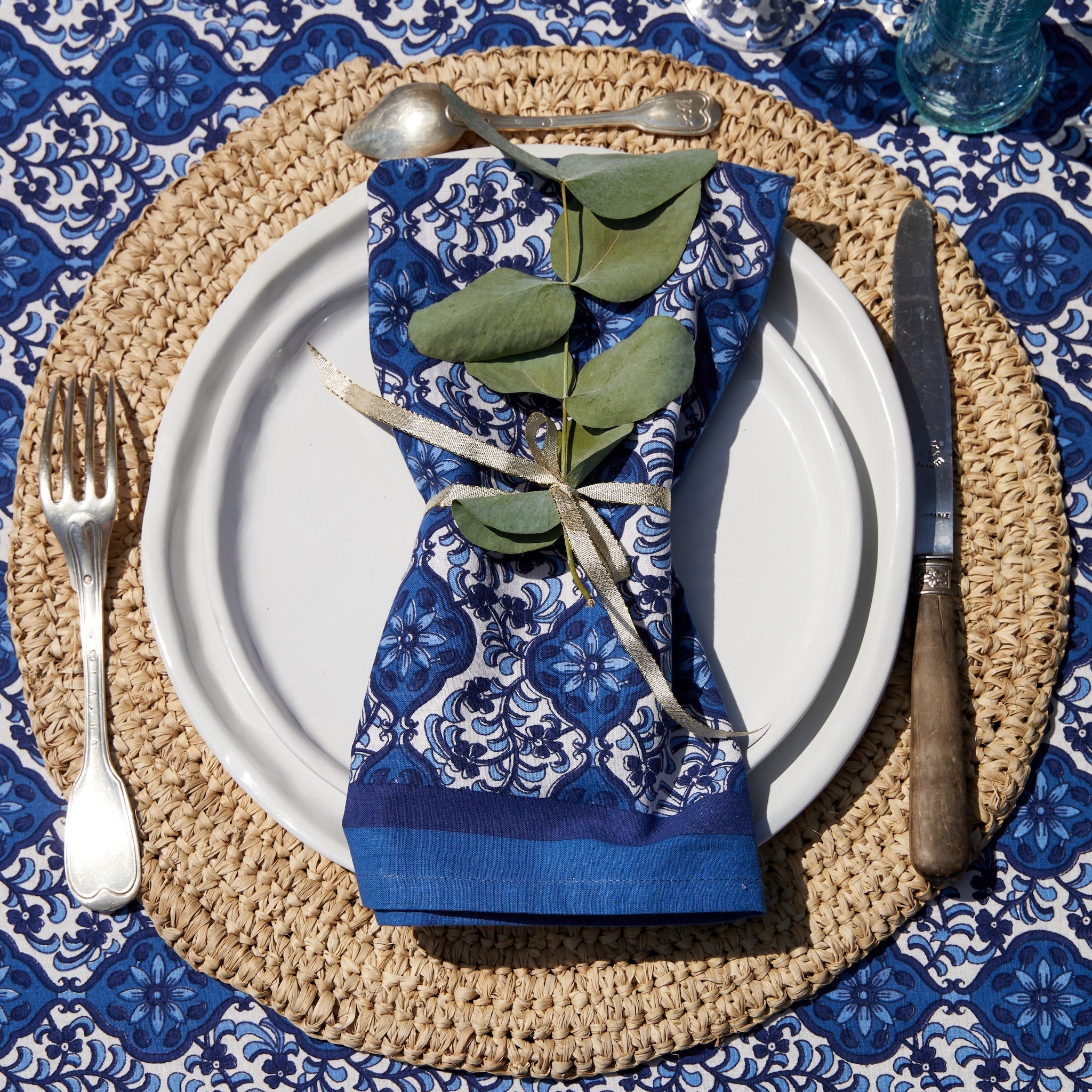 couleur-nature-azulejo-serviette-table-coton-bleu-lot-6 image 2