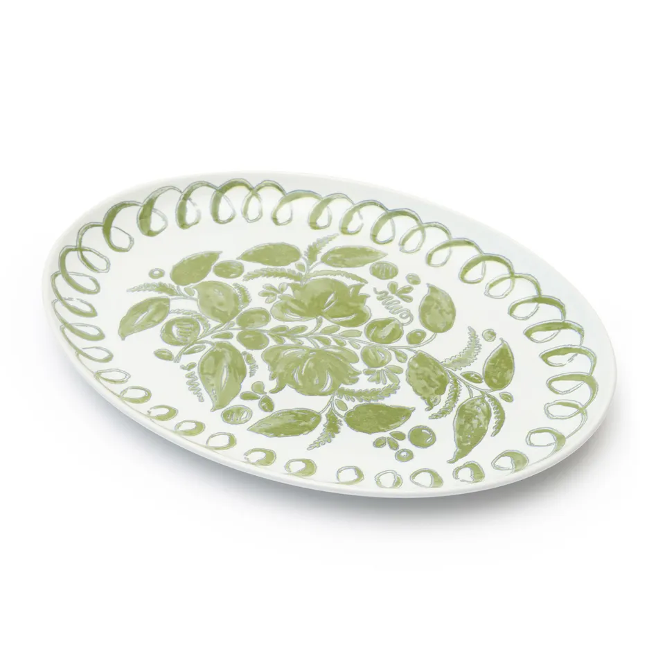 couleur-nature-amalfi-plateau-ovale-c-ramique-blanc-vert-peint-main image 1