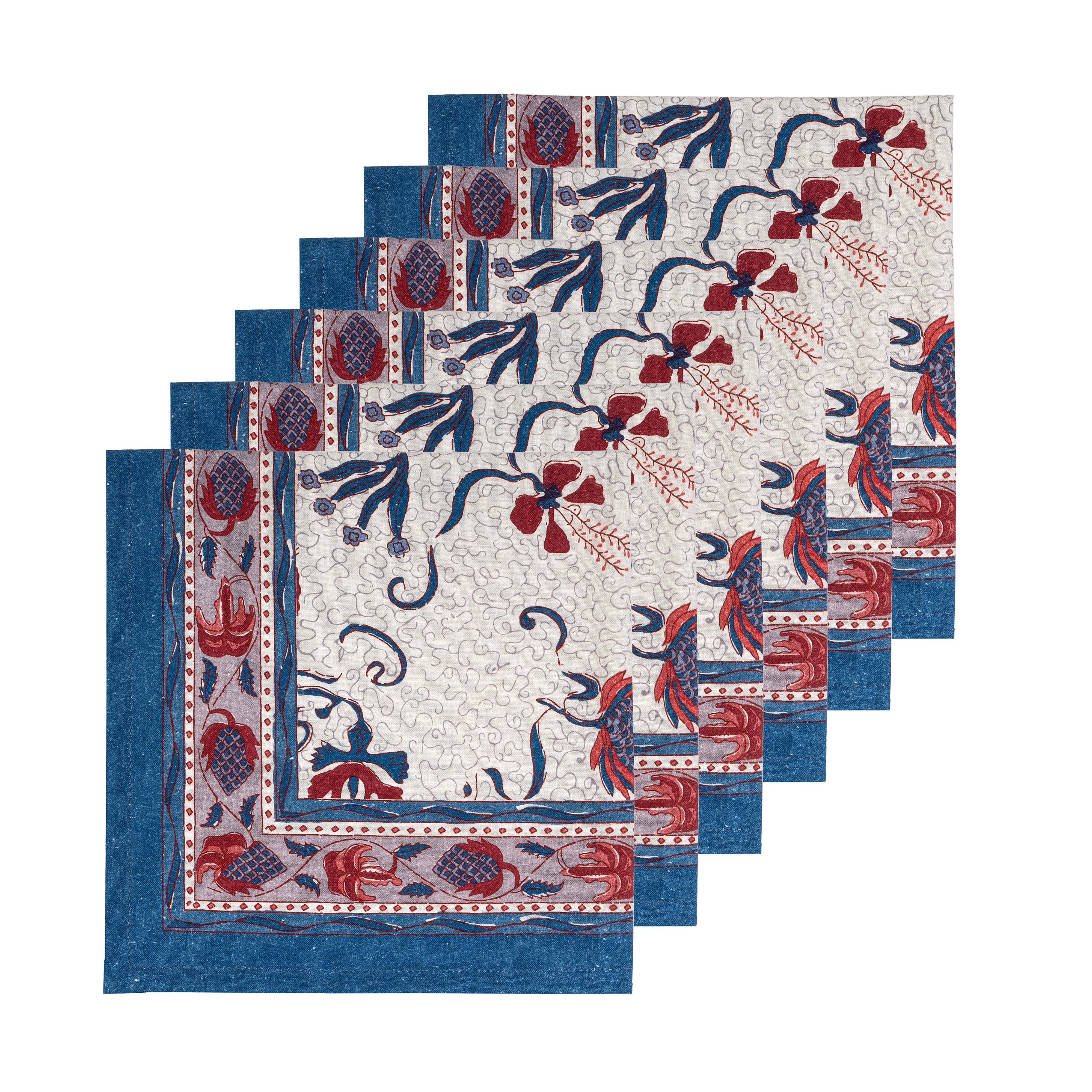 couleur-nature-fleur-des-indes-serviette-coton-bleu-rouge-lot-6 image 4