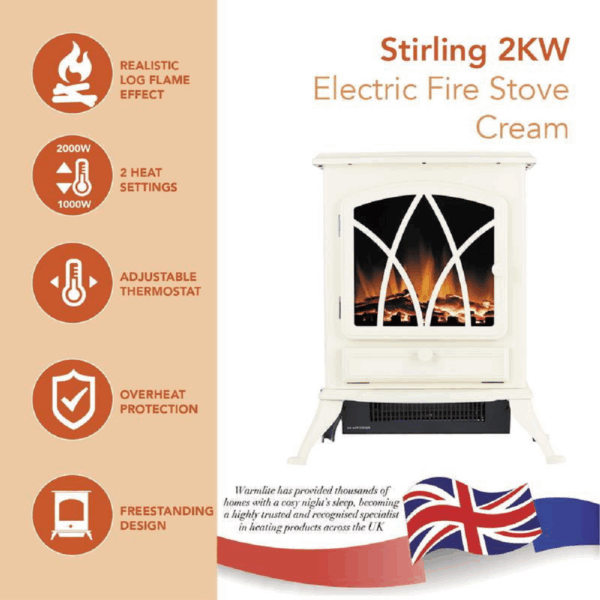 cocette Log Effect Stove Heater with Thermostat – Cream, Cozy Home Heating - Image 3